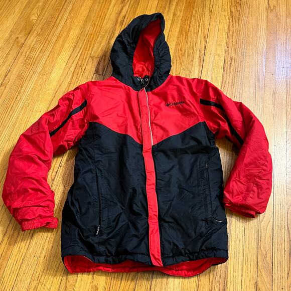 Columbia Coat Kids Youth Boys Large Outgrown Hooded Winter Jacket Red Black - Picture 1 of 9